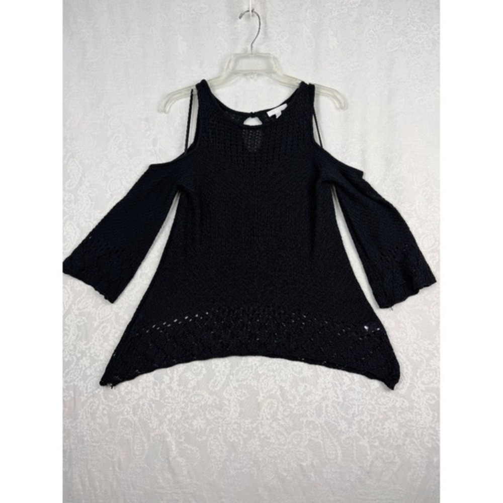 Lauren Conrad Women's M Black Crochet Sweater Cold Shoulder Open Bell Flare